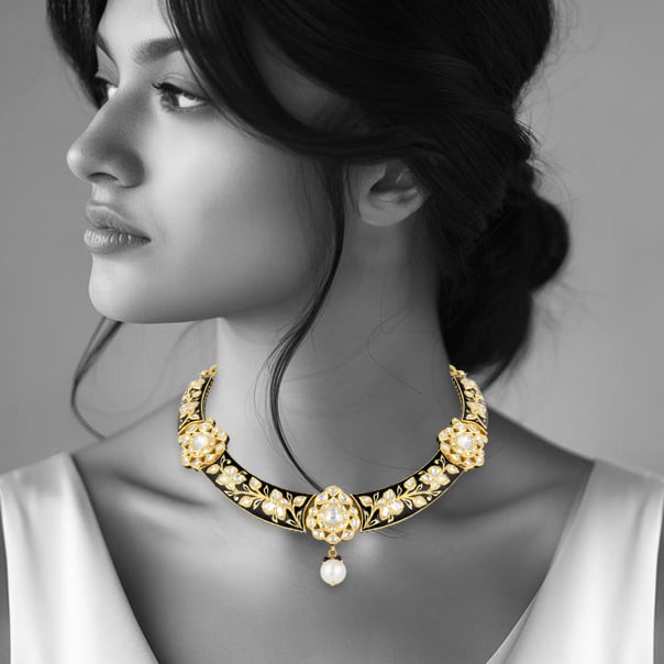 Black Enamel Hasli Necklace with Polki & Gold Floral Motifs